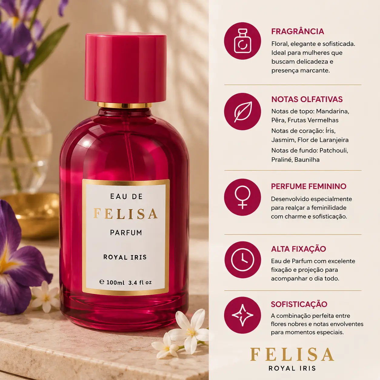 Perfume Felisa Royal Iris Eau de Parfum 100ml entre os melhores perfumes Felisa com fragrância floral elegante e sofisticada