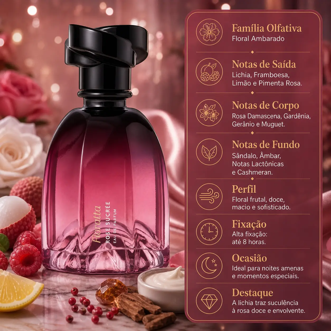 Perfumes nacionais para presentear no Dia das Mães com destaque para Floratta Rose Sucrée em imagem delicada e sofisticada.