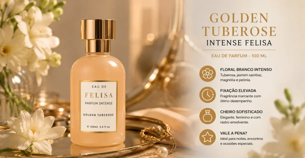 Golden Tuberose Intense Felisa em cenário sofisticado com flores brancas destacando o perfume floral intenso e elegante