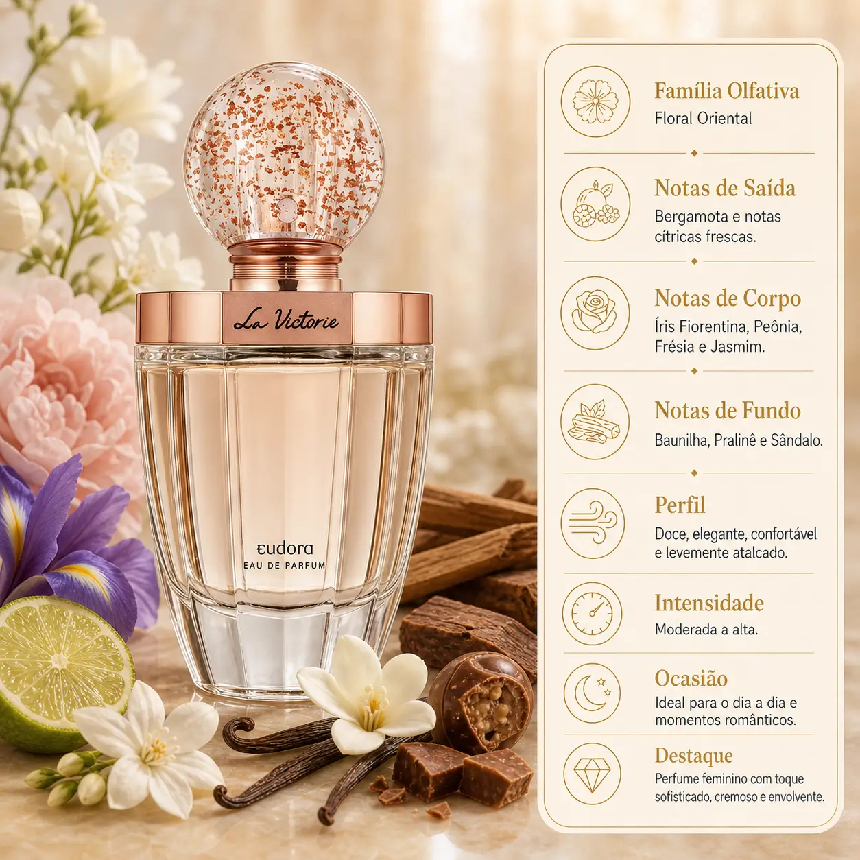 Perfumes nacionais para presentear no Dia das Mães: imagem do Eudora La Victorie com flores, frutas cítricas e notas doces em cenário elegante