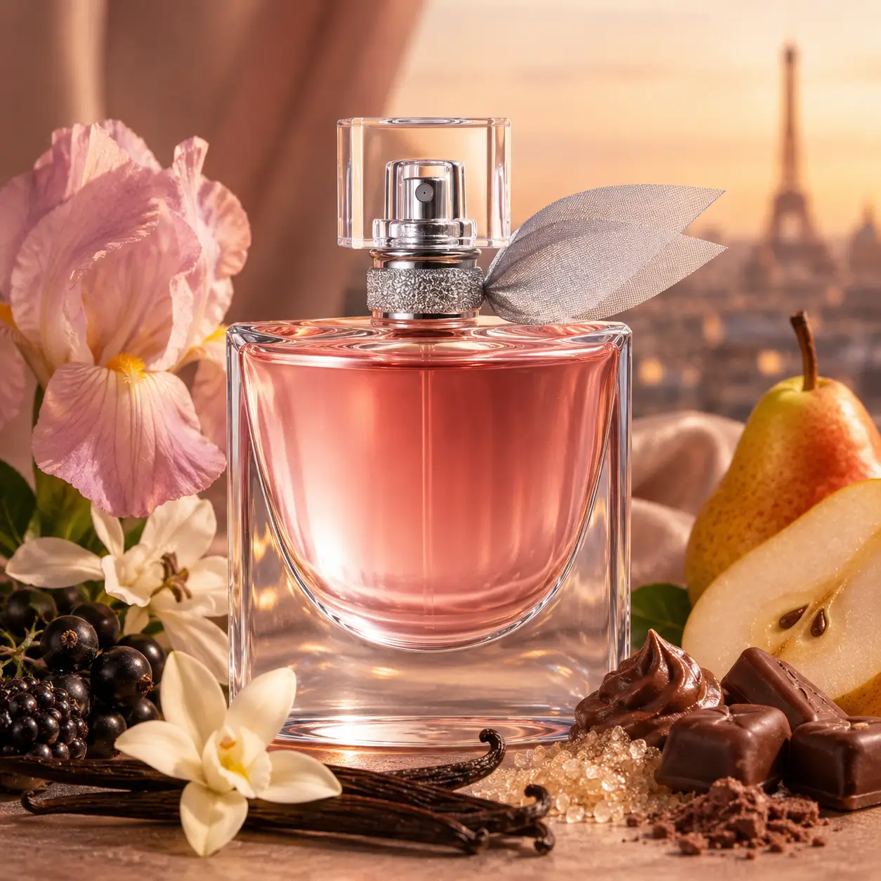Perfume La Vie Est Belle em cenário elegante com flores, baunilha e frutas, ideal para dias frios