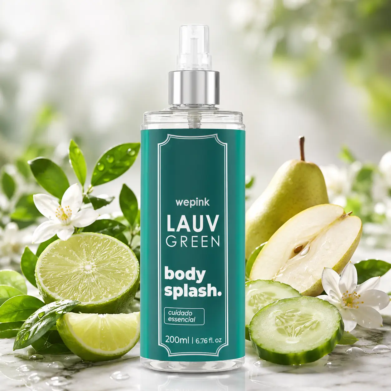 Melhores body splash masculino com destaque para o Lauv Green em imagem com frasco, limão, pera, pepino, folhas verdes e flores brancas.