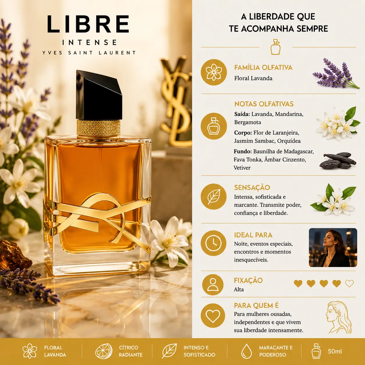 Perfume Libre Intense Yves Saint Laurent em cenário sofisticado com notas florais e baunilha ideal para dias frios