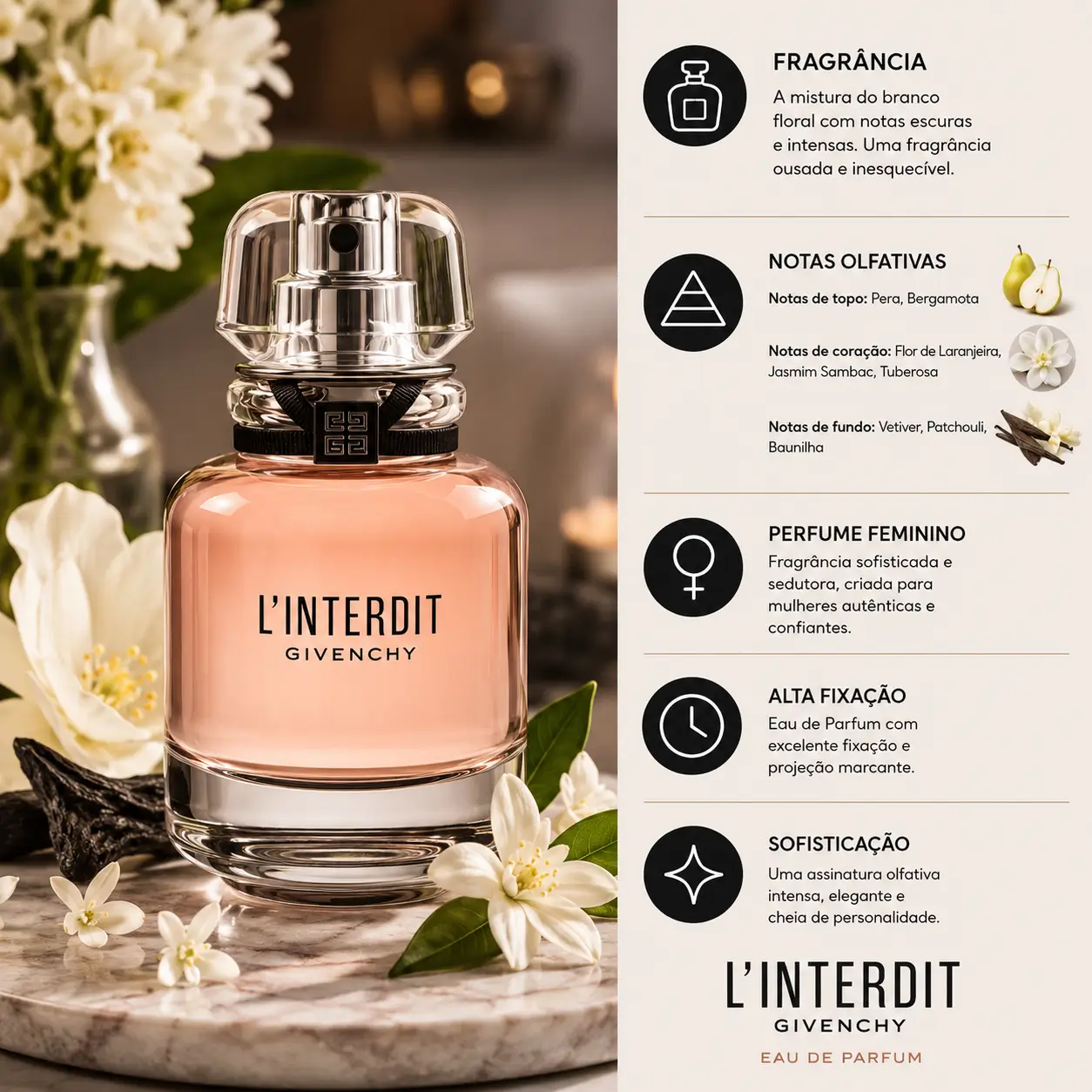L’Interdit EDP Givenchy perfume feminino com flores brancas ao redor – melhores perfumes Givenchy