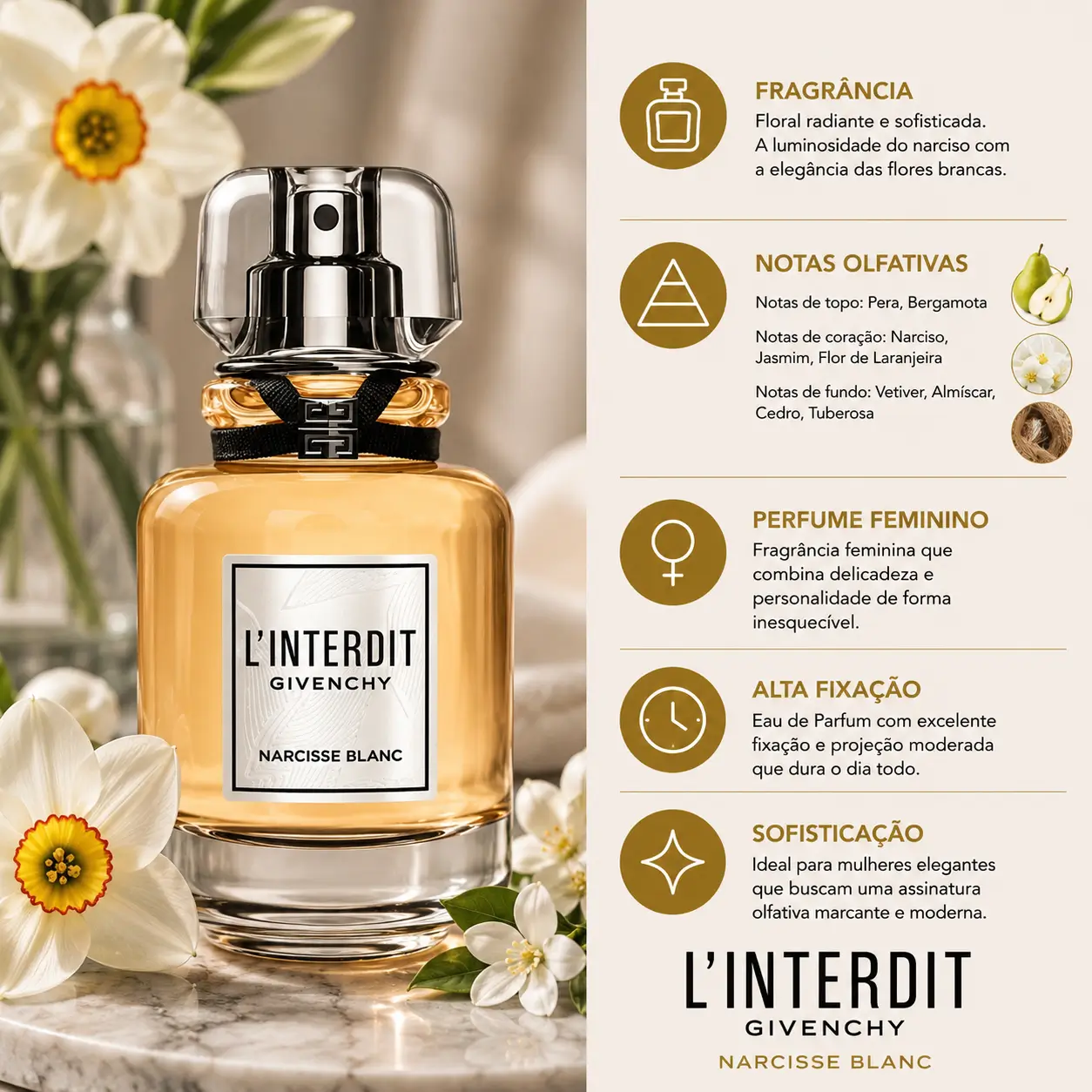 Perfume L’Interdit Narcisse Blanc Givenchy com flores brancas em cenário elegante, destacando fragrância floral luminosa e sofisticada