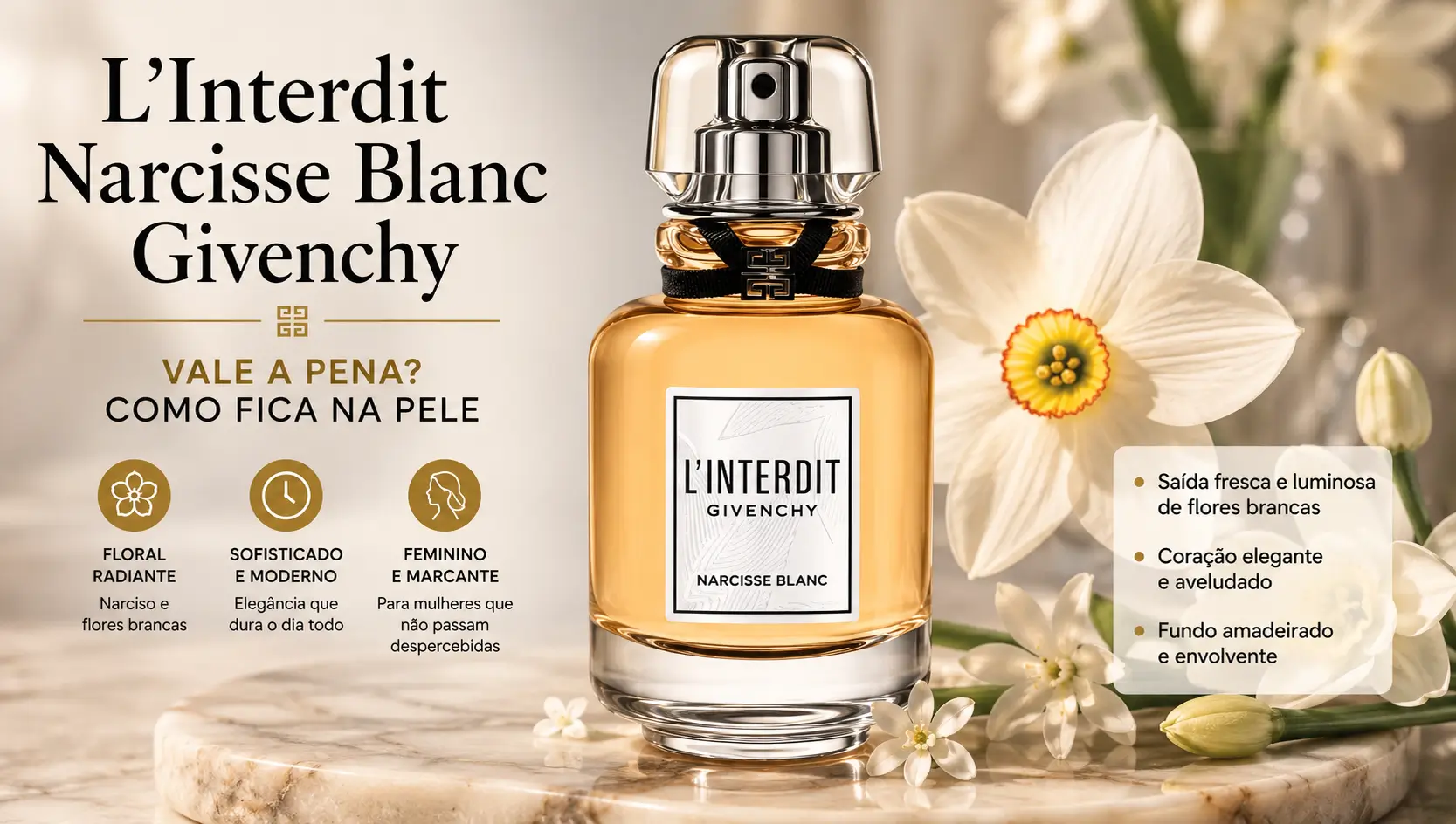 Perfume L’Interdit Narcisse Blanc Givenchy em cenário com flores brancas, destacando fragrância floral elegante e luminosa