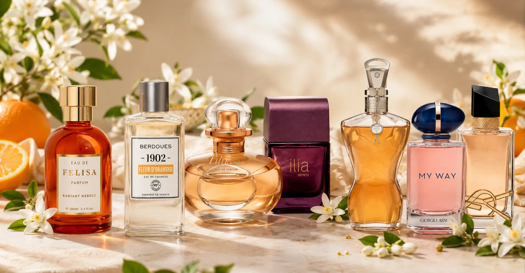 Melhores perfumes com flor de laranjeira reunidos em cenário elegante com flores cítricas e elementos naturais, destacando fragrâncias limpas e sofisticadas