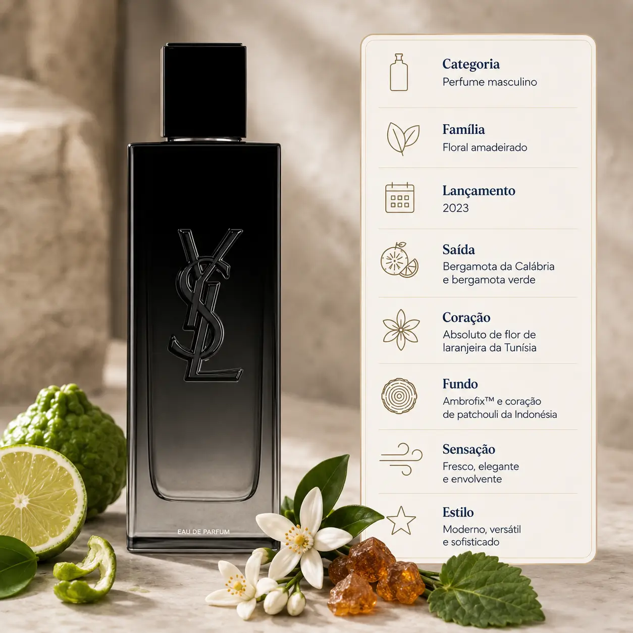 MYSLF Eau de Parfum em imagem 500x500 com frasco ao lado de bergamota, flor de laranjeira, patchouli e ambrofix