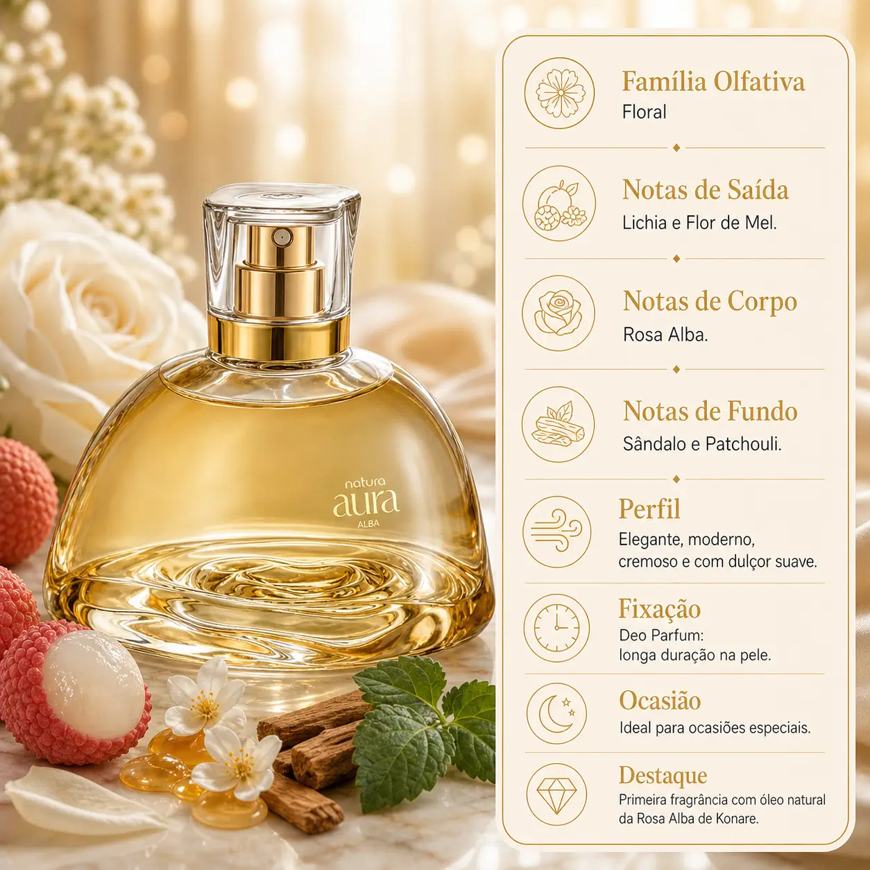 Perfumes nacionais para presentear no Dia das Mães: Natura Aura Alba em imagem com rosas brancas, lichia, flor de mel e notas amadeiradas