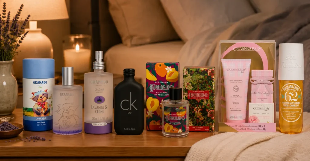 Perfume para relaxar à noite com fragrâncias suaves de lavanda, cedro e notas aconchegantes em ambiente de quarto com iluminação suave