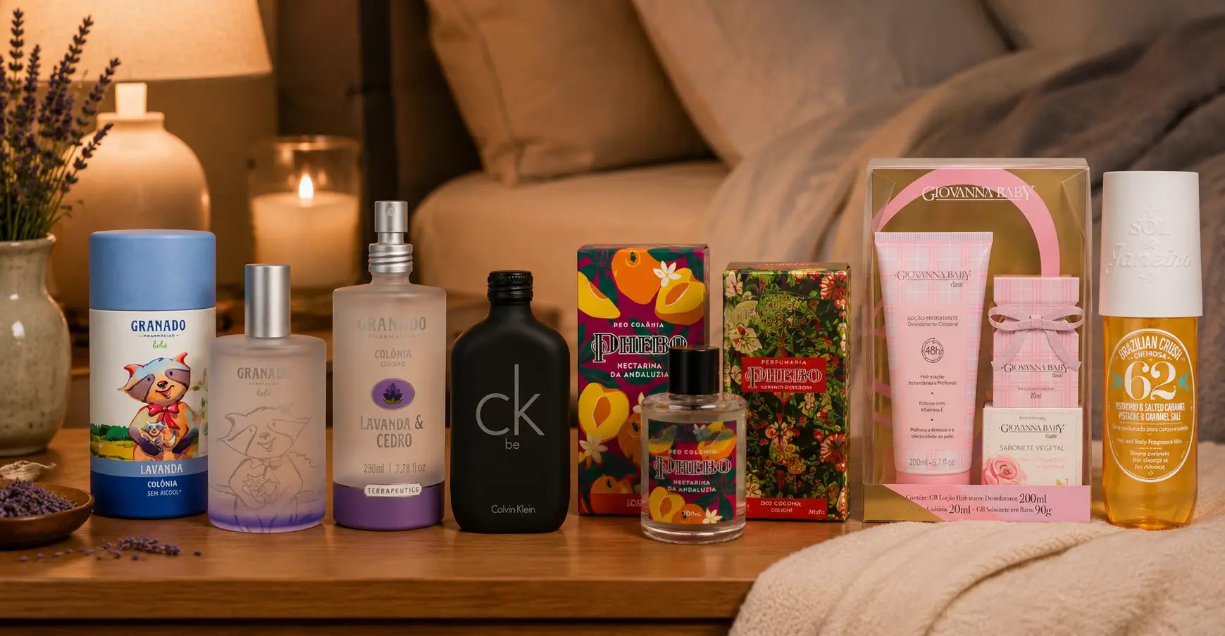 Perfume para relaxar à noite com fragrâncias suaves de lavanda, cedro e notas aconchegantes em ambiente de quarto com iluminação suave