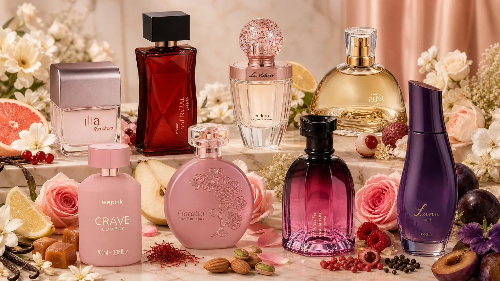 Perfumes nacionais para presentear no Dia das Mães em imagem com oito fragrâncias femininas em cenário floral elegante e sofisticado.