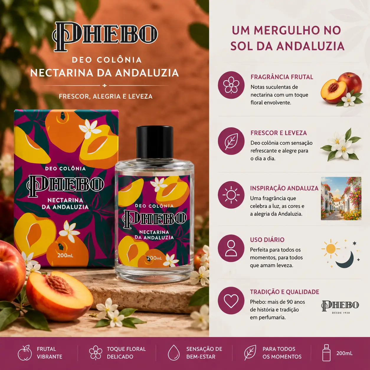 Perfume para relaxar à noite Phebo Nectarina da Andaluzia com frasco colorido e elementos frutados em cenário acolhedor