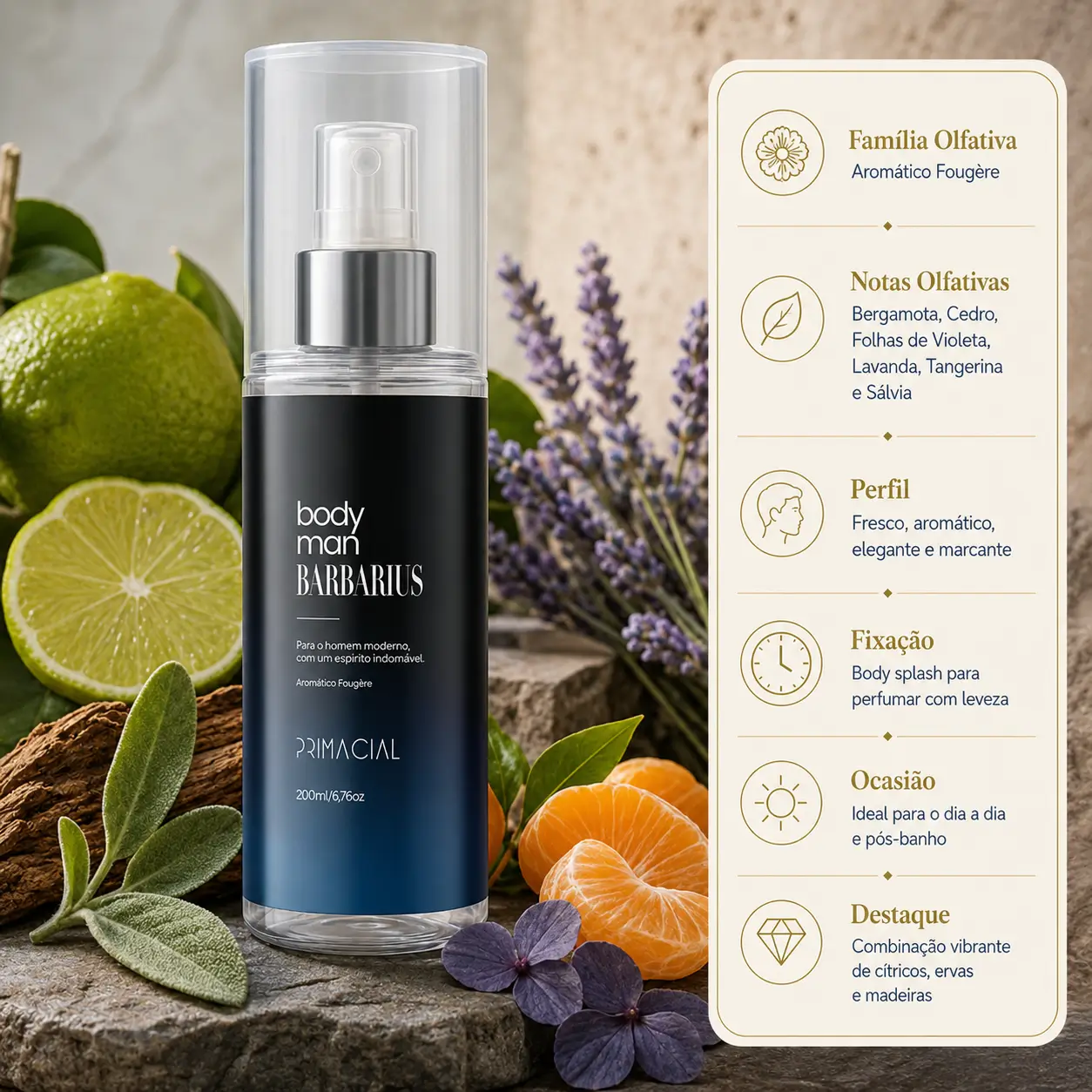 Melhores body splash masculino com destaque para Body Splash Masculino Barbarius 200ml Primacial em imagem com bergamota, cedro, lavanda, tangerina e sálvia.