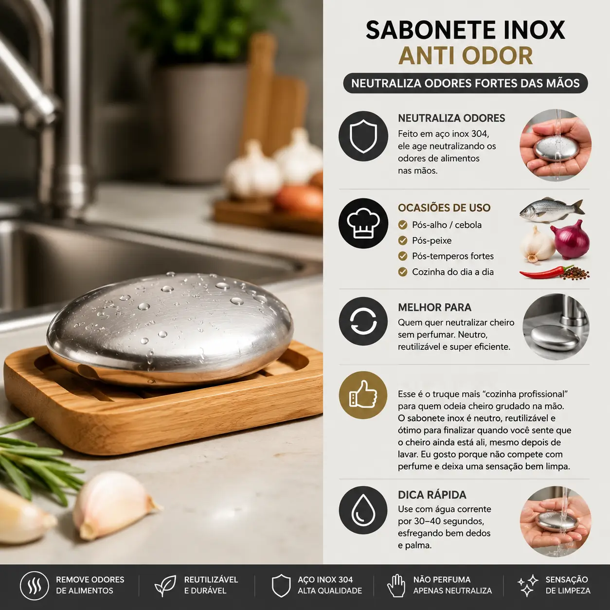 Sabonete anti odor na cozinha inox eliminando cheiro de alho, cebola e peixe das mãos com barra de aço inox reutilizável