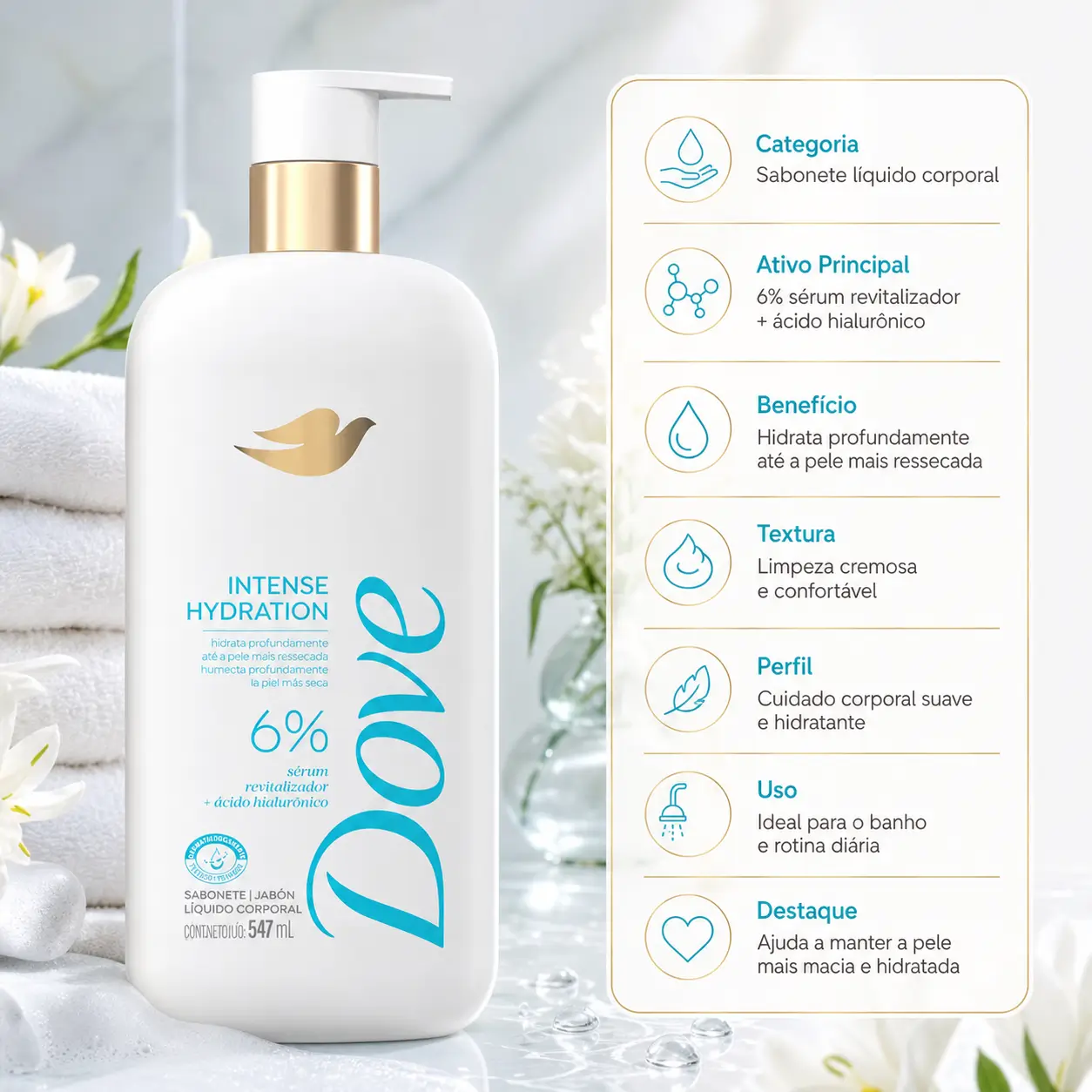 Sabonete Sérum Dove Intense Hydration em imagem com frasco em destaque, toalhas, flores brancas e cenário suave de cuidado corporal.