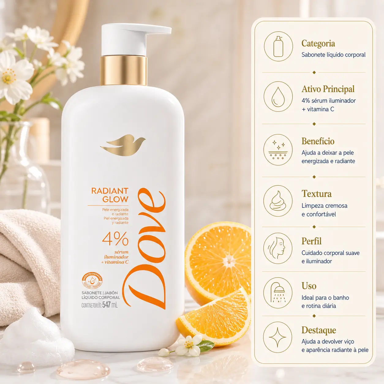 Sabonete Sérum Dove Radiant Glow em imagem com frasco em destaque, laranja, espuma e cenário suave de cuidado corporal.
