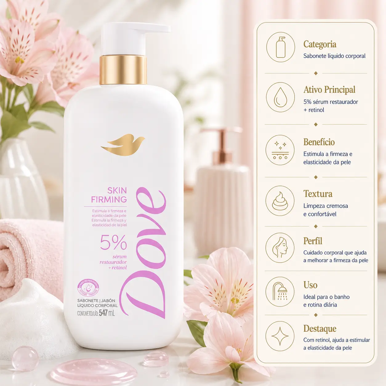 Sabonete Sérum Dove Skin Firming em imagem com frasco em destaque, espuma, toalha e flores suaves em cenário de cuidado corporal.