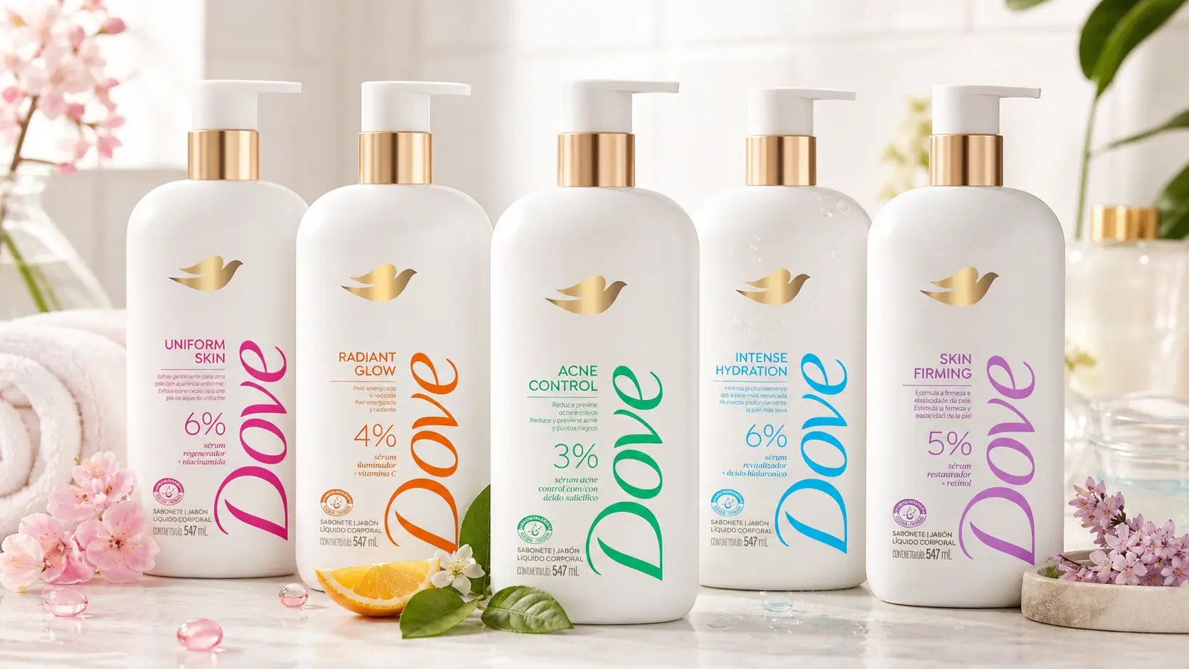 Sabonete Sérum Dove em imagem com as versões Uniform Skin, Radiant Glow, Acne Control, Intense Hydration e Skin Firming lado a lado.