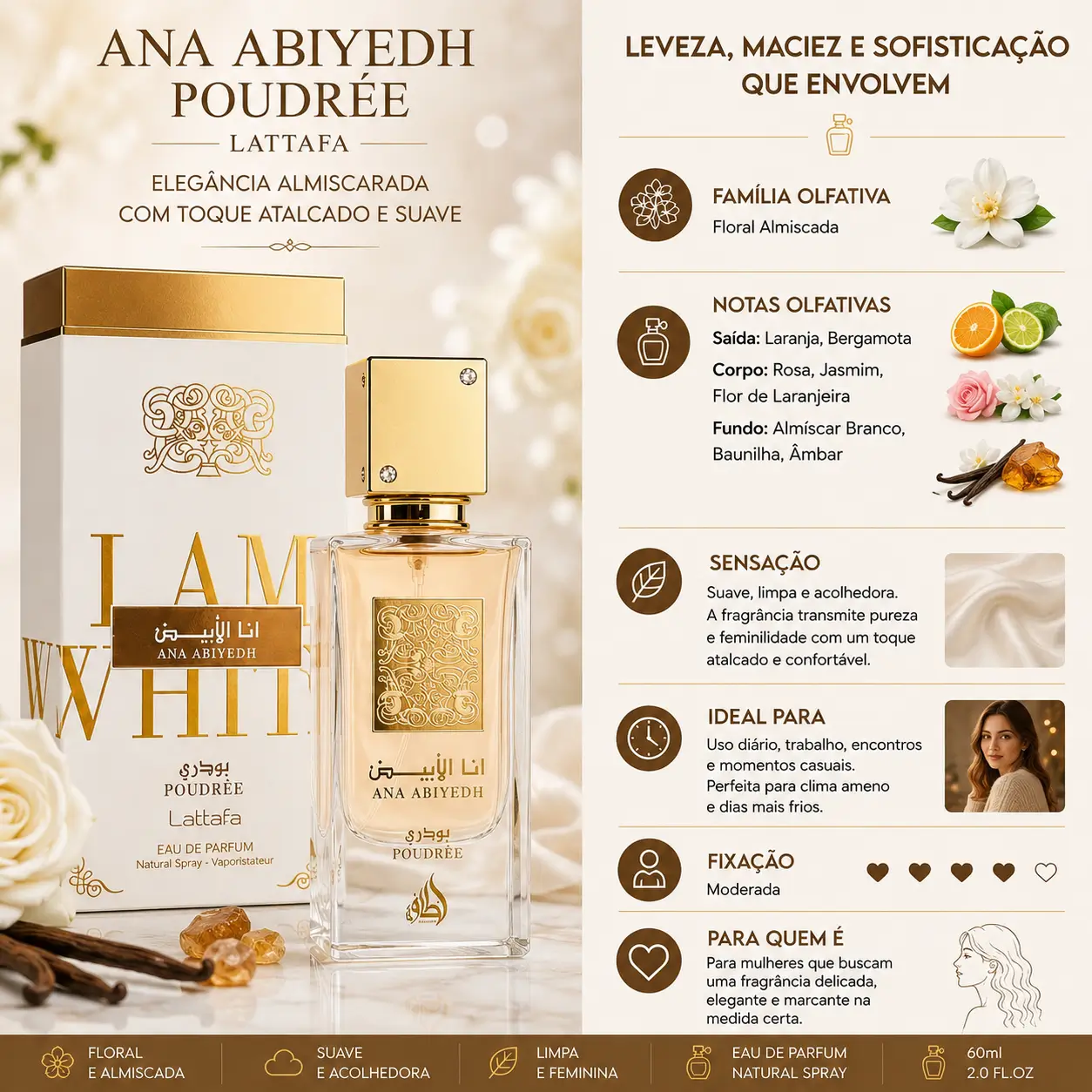 Perfumes árabes femininos para o frio Ana Abiyedh Poudrée Lattafa com frasco elegante dourado e notas florais almiscaradas