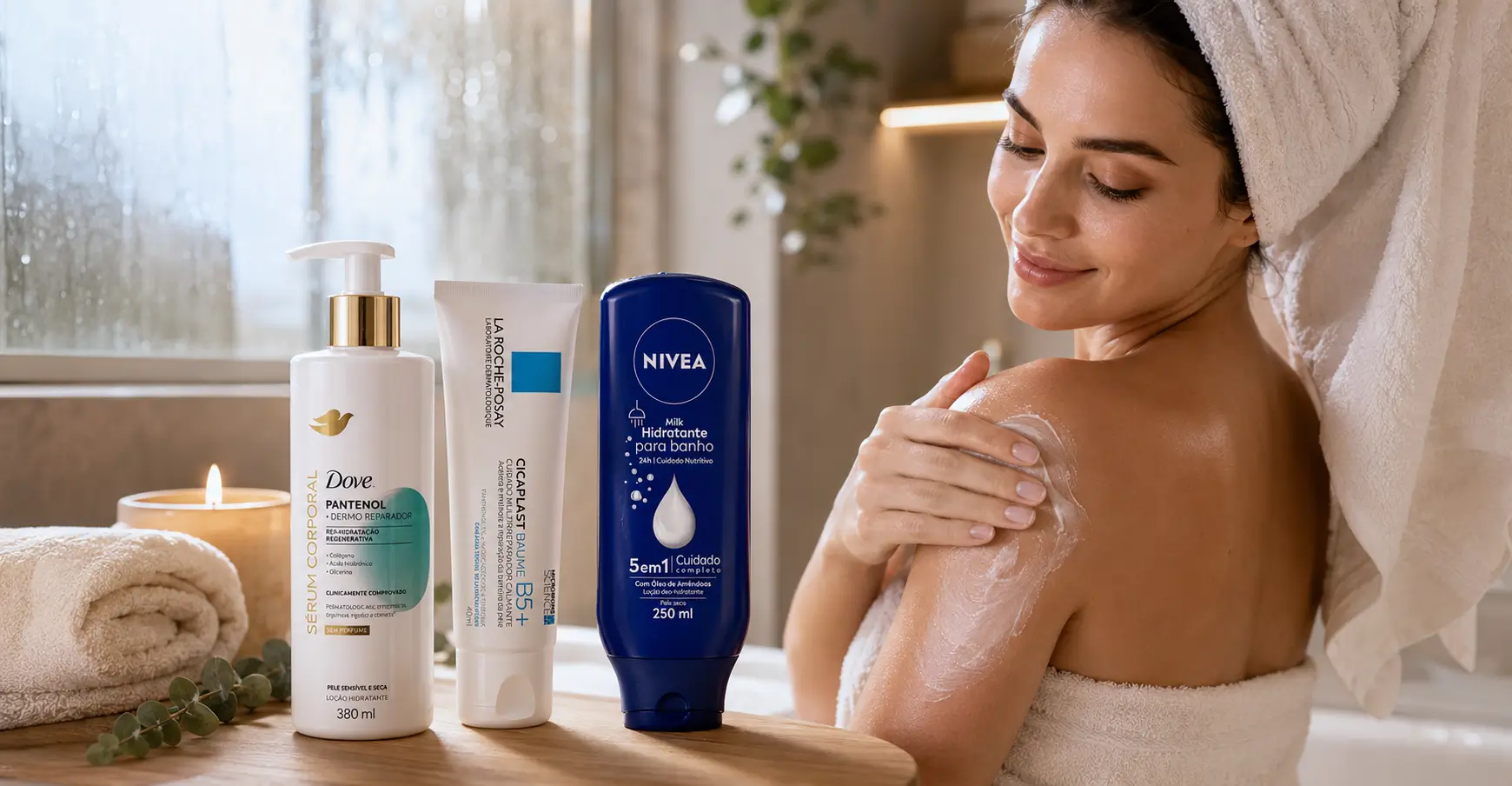 Banho Quente no Inverno com cuidados hidratantes: mulher aplicando creme corporal após o banho com produtos Dove, La Roche-Posay e Nivea.