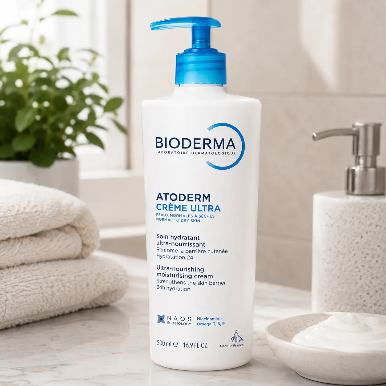 Melhor hidratante corporal para o inverno Bioderma Atoderm Creme Ultra em cenário de skincare com hidratação intensa