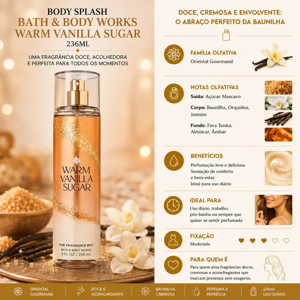 Body mists gourmand Bath & Body Works Warm Vanilla Sugar 236ml com fragrância doce de baunilha e notas cremosas