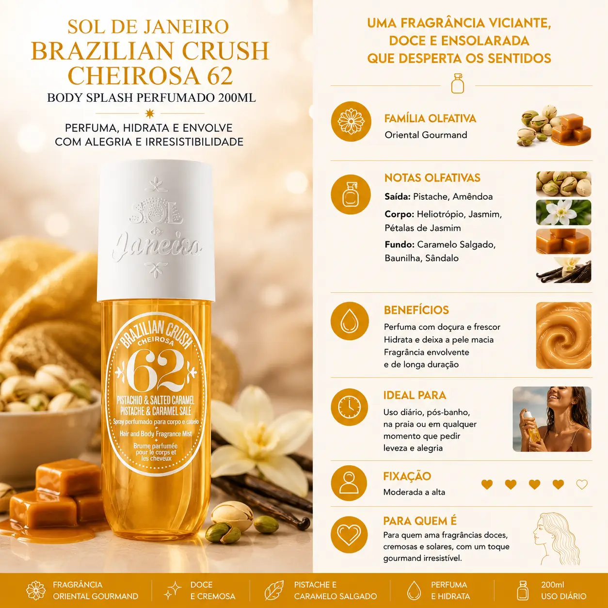 Body mists gourmand Sol de Janeiro Brazilian Crush Cheirosa 62 com notas de pistache e caramelo salgado