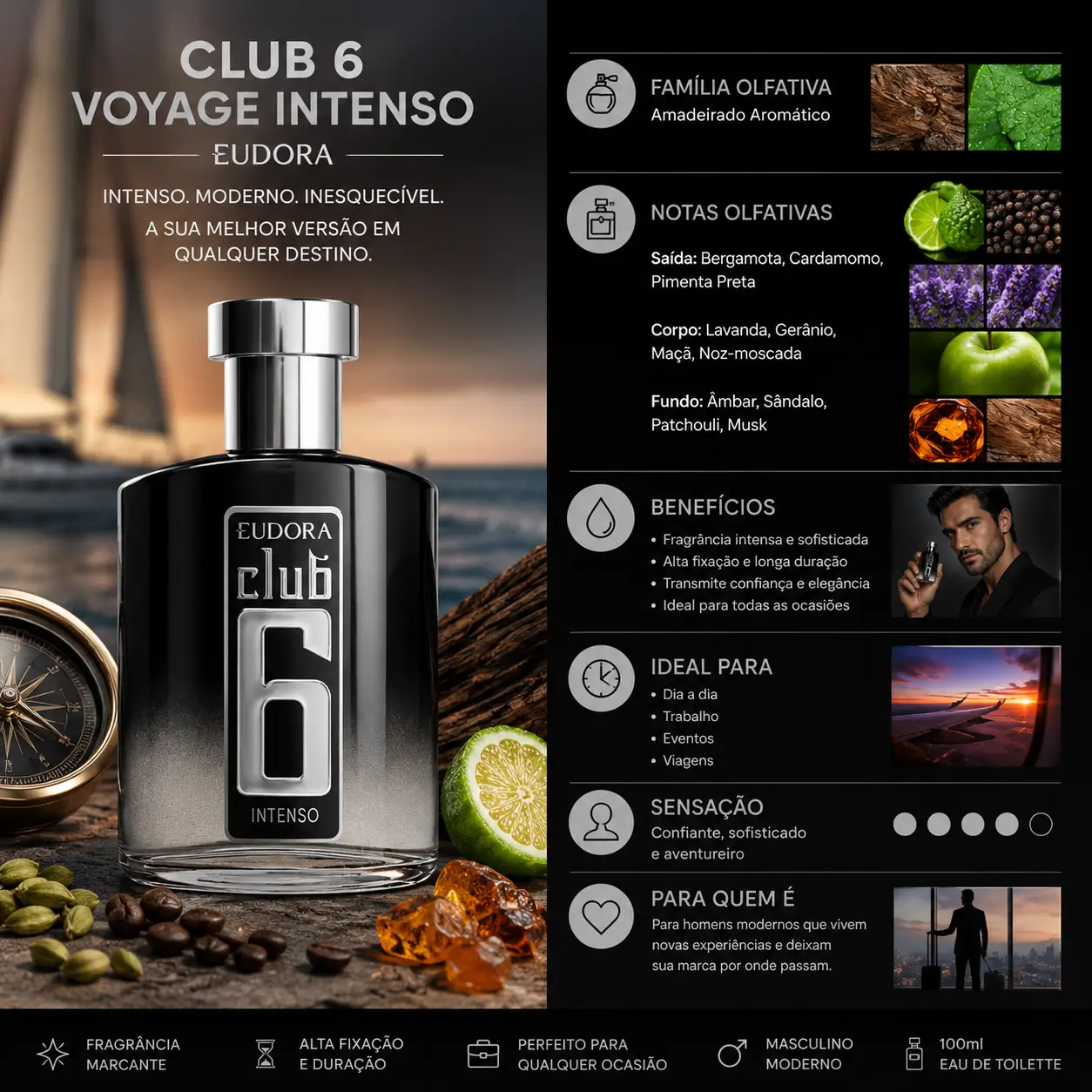 Perfume Club 6 Voyage Intenso Eudora com aroma sofisticado inspirado em perfumes com cheiro de licor, com notas amadeiradas e aromáticas.