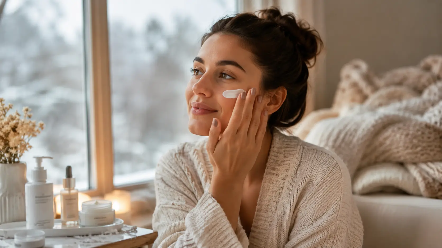 Cuidados com a Pele no Inverno: mulher aplicando hidratante facial próximo à janela durante uma rotina de skincare nos dias frios