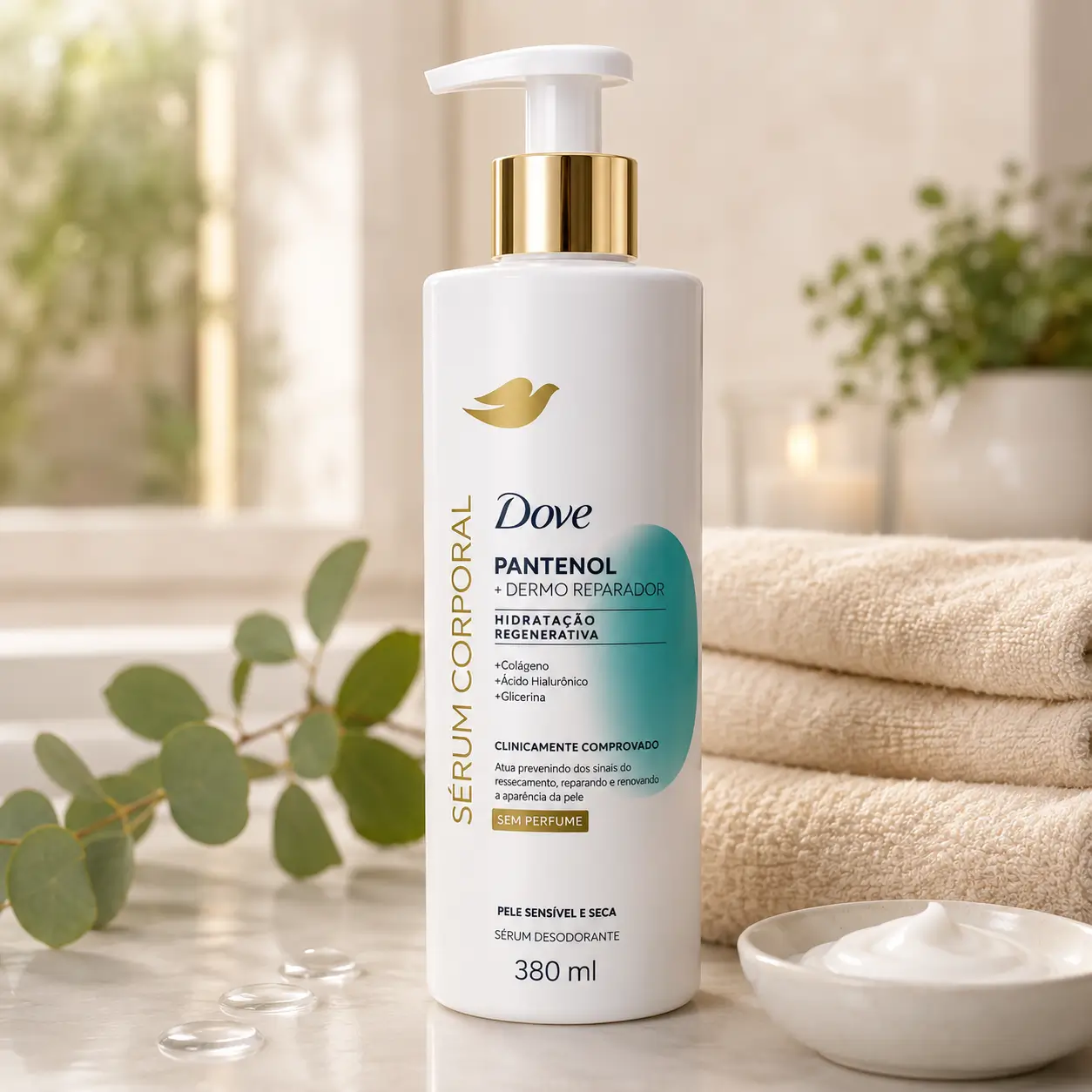 Melhor Hidratante Corporal para o Inverno Dove sérum corporal com pantenol em cenário aconchegante de autocuidado