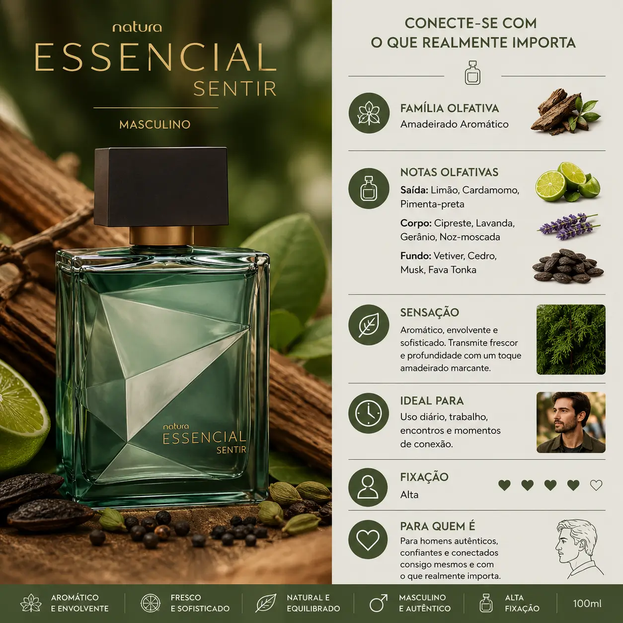 Perfume Essencial Sentir masculino em cenário natural com madeira e especiarias, ideal para perfumes masculinos para o inverno.