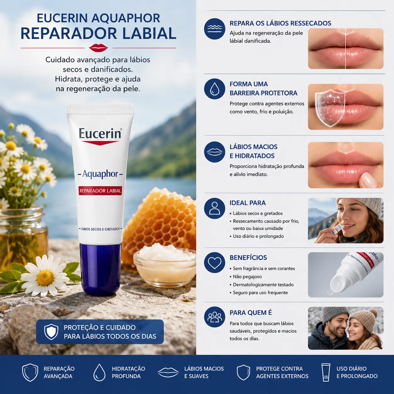 Eucerin Aquaphor Reparador Labial sendo aplicado em cenário natural com elementos hidratantes, ideal para cuidados com a pele no inverno e proteção contra ressecamento dos lábios.