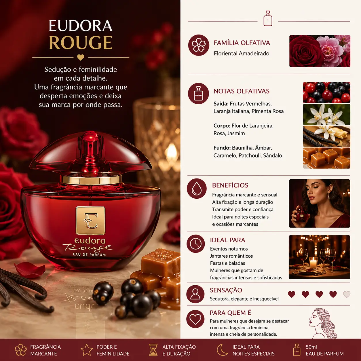 Perfumes com cheiro de licor Eudora Rouge em cenário sofisticado com notas doces e intensas, destacando elegância e sensualidade feminina.