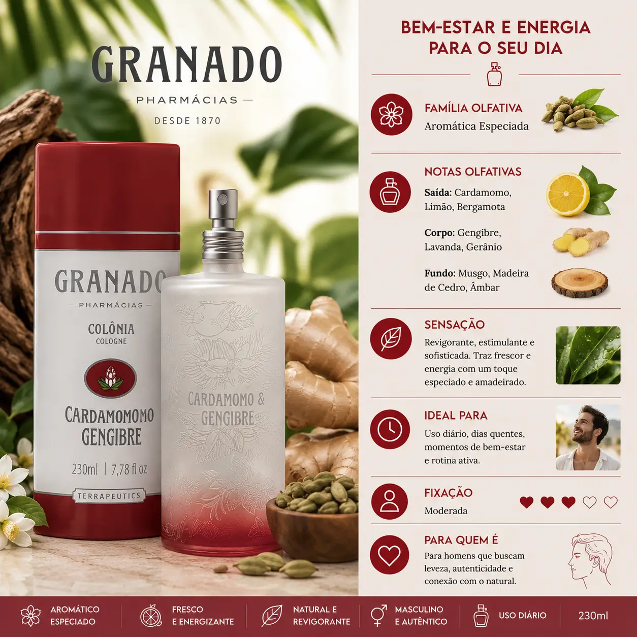 Perfume Granado Cardamomo e Gengibre em cenário com especiarias, ideal para perfumes masculinos para o inverno.