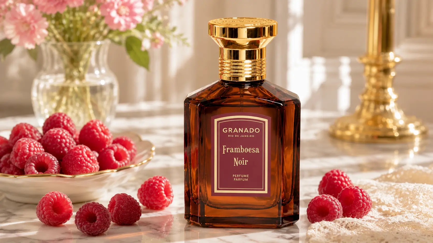 Granado Framboesa Noir Vale a Pena: perfume cercado por framboesas frescas em composição sofisticada e elegante