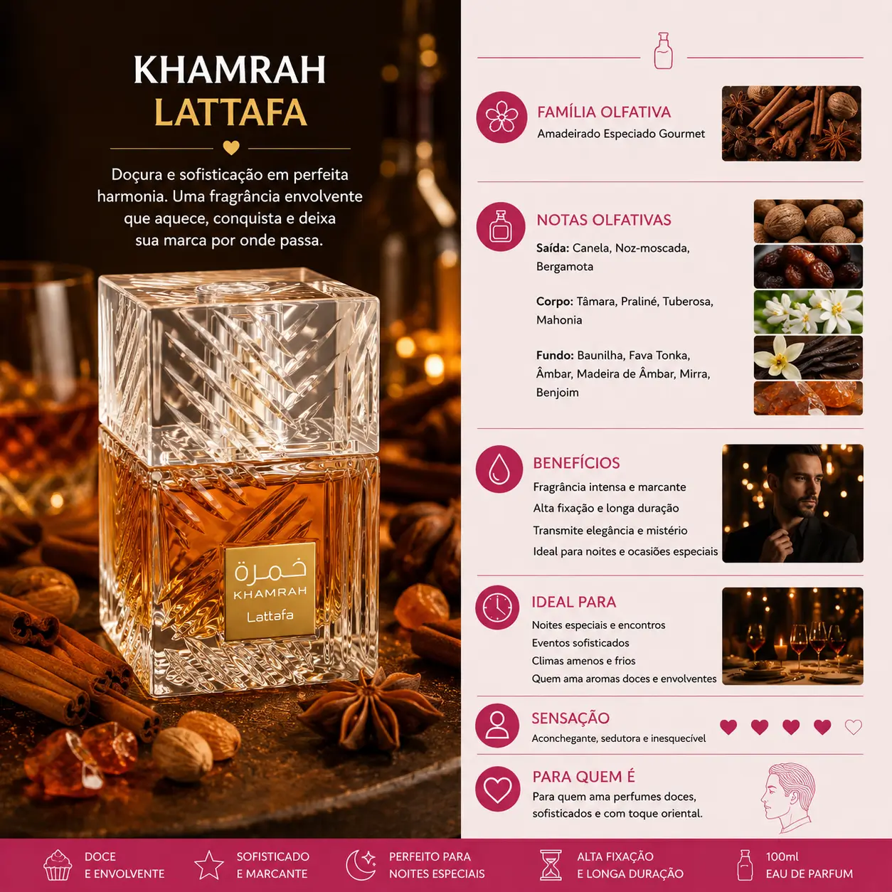 Perfume Khamrah Lattafa com notas doces e especiadas, ideal para quem busca perfumes com cheiro de licor, apresentado em cenário sofisticado com canela, âmbar e especiarias.