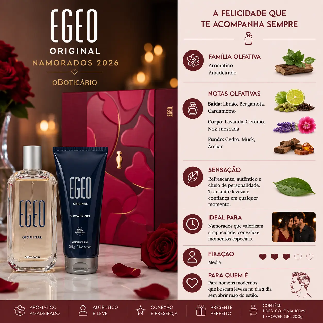 Kit Presente Dia dos Namorados Egeo Original com perfume e shower gel, opção ideal de perfumes para presentear no Dia dos Namorados