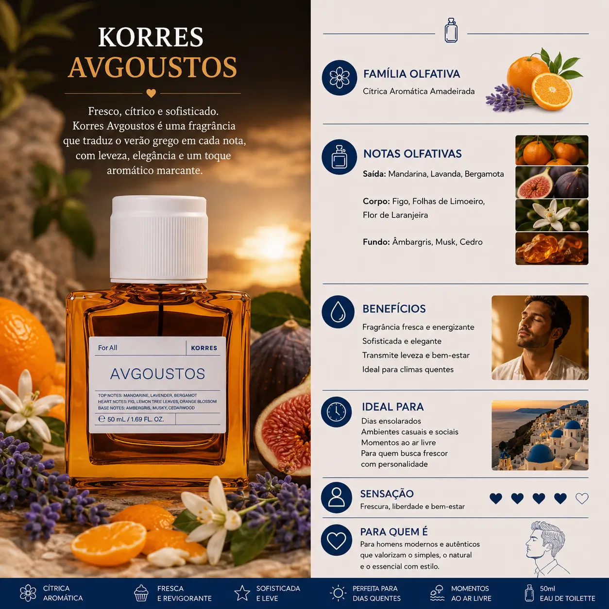 Perfume Korres Avgoustos em cenário com frutas cítricas, figo e lavanda representando fragrância fresca e aromática