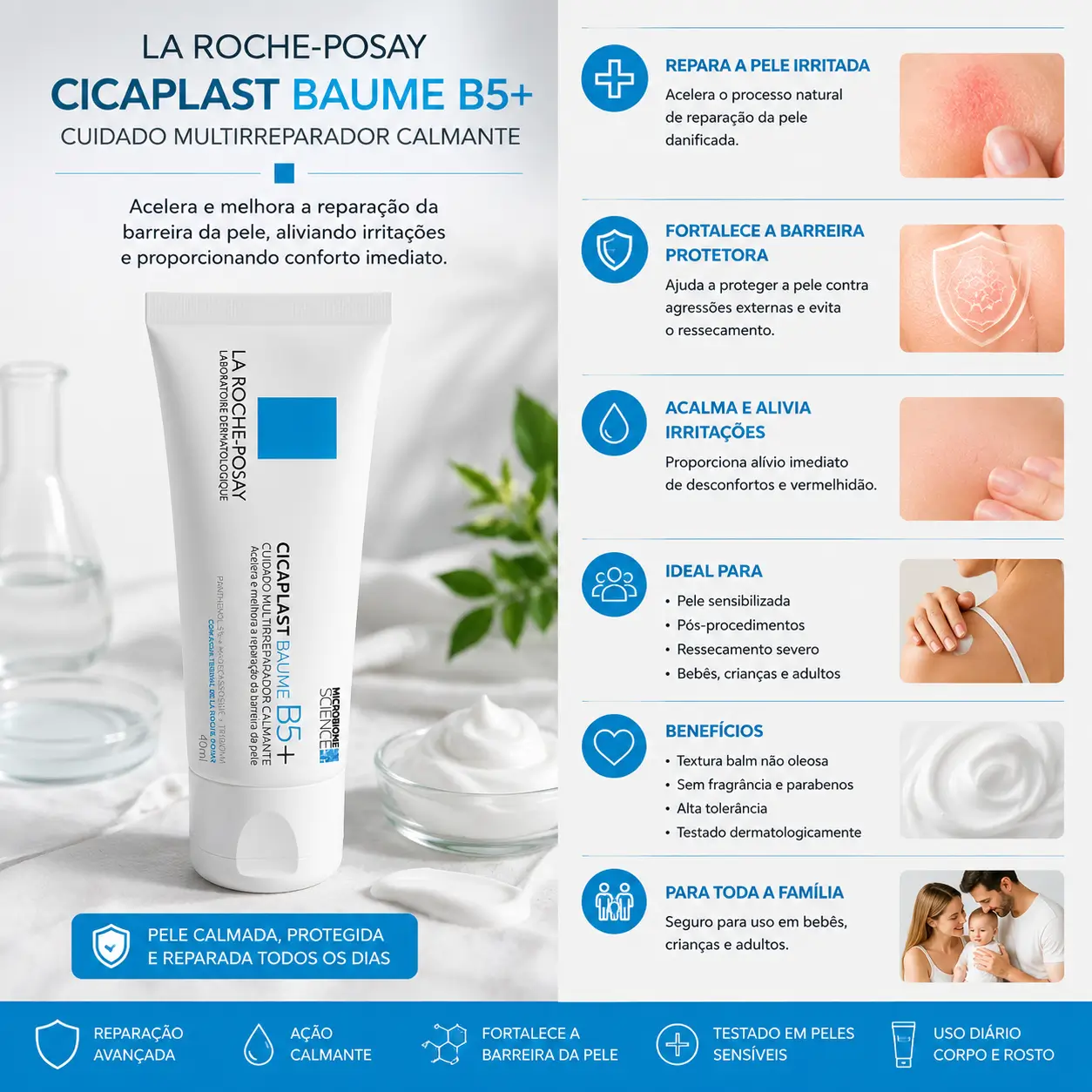 La Roche-Posay Cicaplast Baume B5+ em destaque com layout informativo sobre cuidados com a pele no inverno, mostrando benefícios de reparação, hidratação e proteção da barreira cutânea.