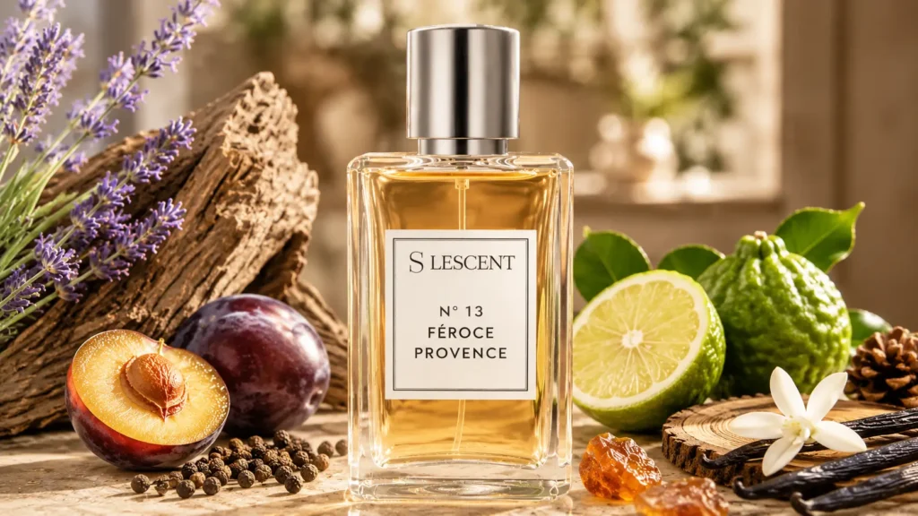 Perfume Lescent Nº13 em frasco elegante cercado por ameixa, lavanda, especiarias e notas amadeiradas em cenário sofisticado.