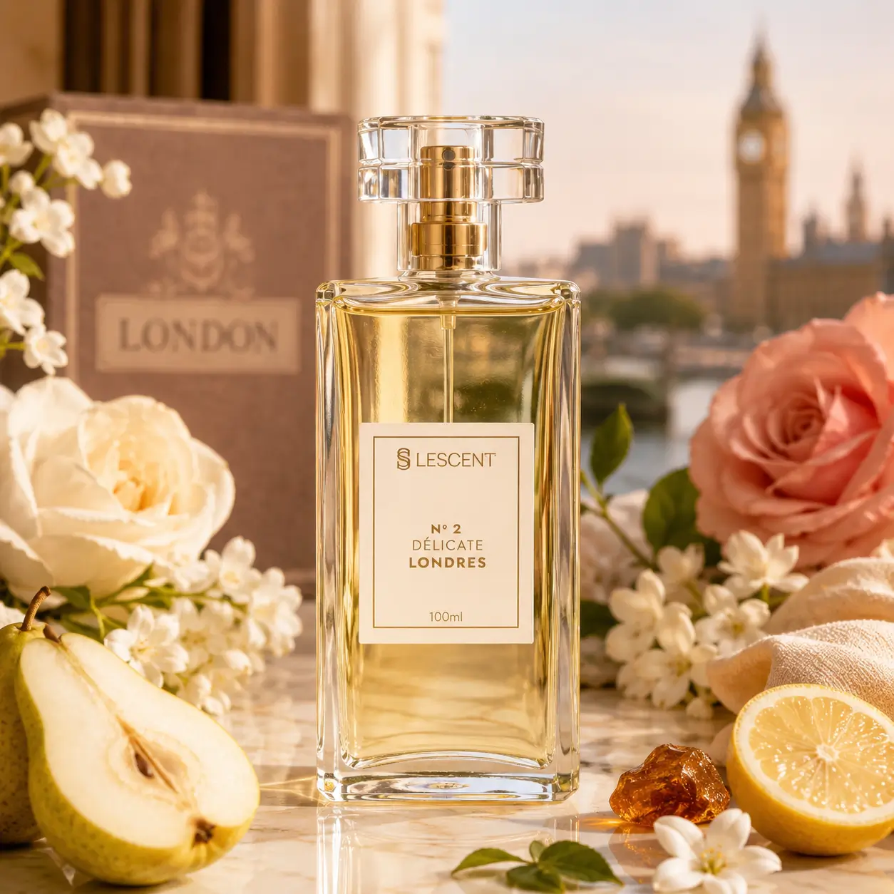Perfumes para usar no Dia dos Namorados com Lescent N2 Délicate Londres em cenário romântico com flores, frutas e notas delicadas