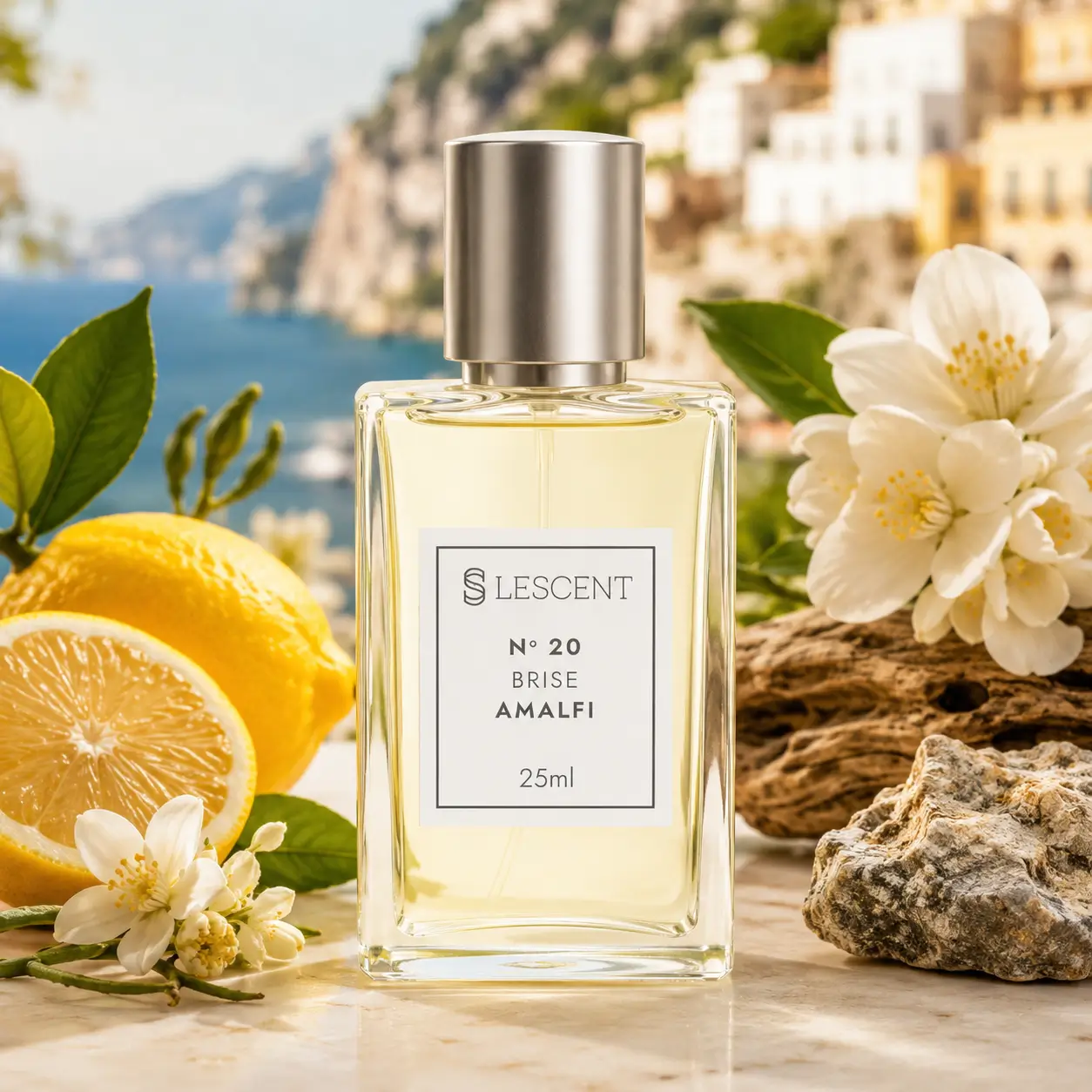 Perfume Lescent Nº20 em frasco elegante com líquido âmbar, posicionado em cenário sofisticado com iluminação quente e elementos que remetem às notas aromáticas da fragrância.