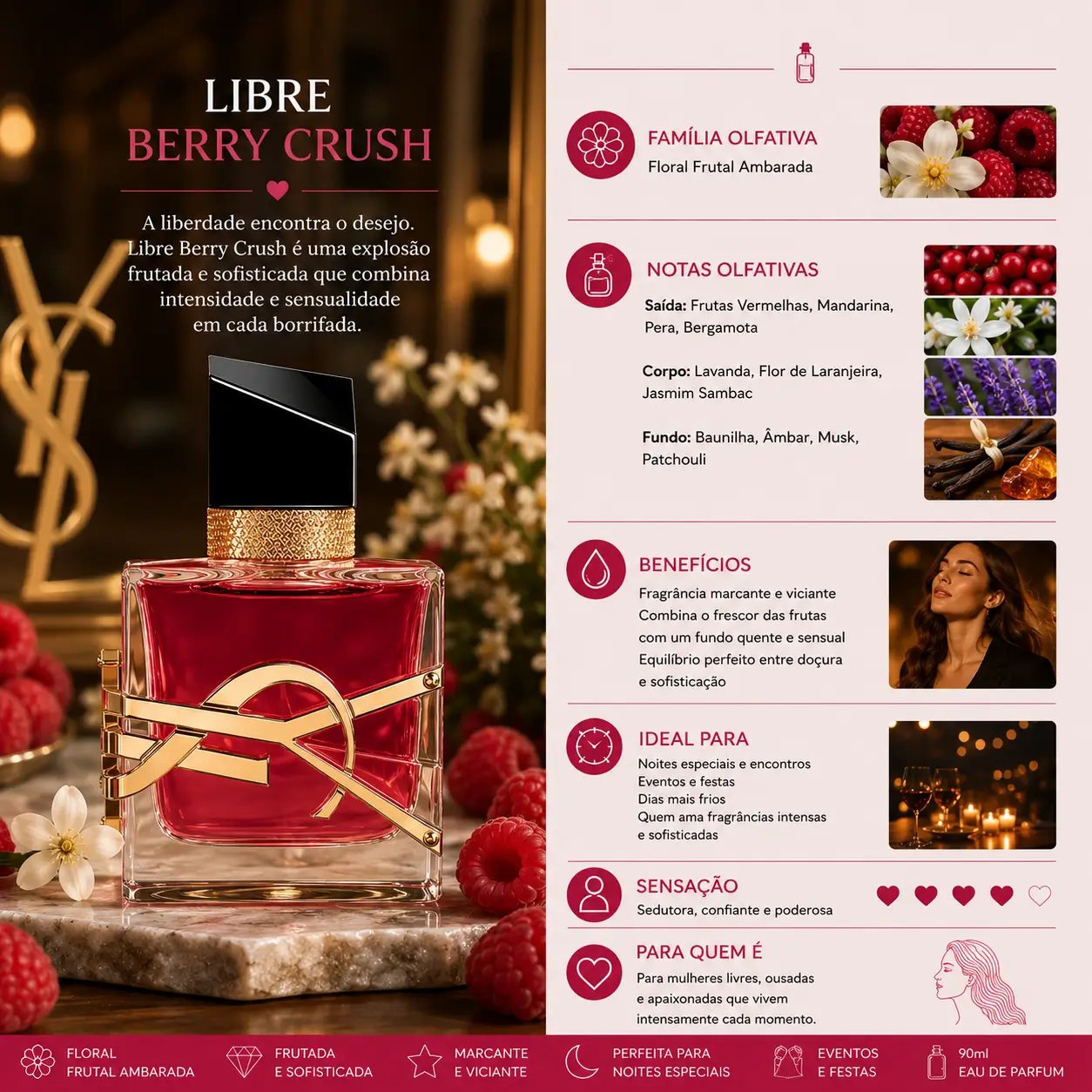 Perfume Libre Berry Crush com notas frutadas e framboesa em cenário sofisticado e aconchegante