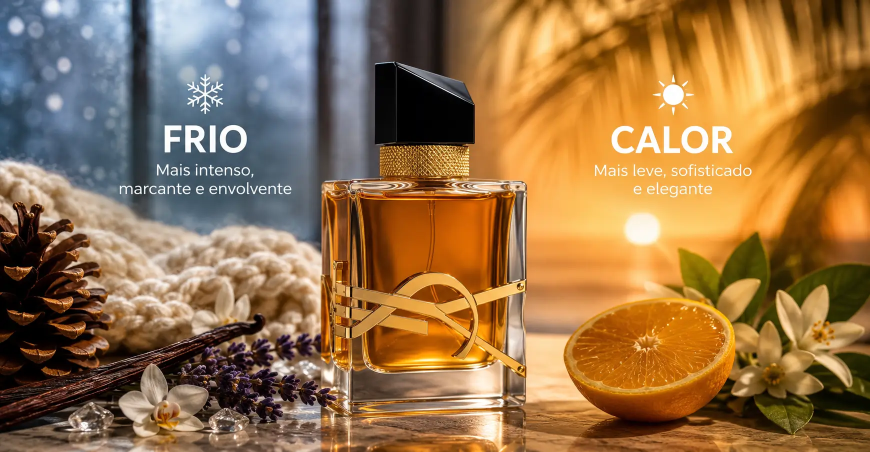 Perfume Libre Intense em cenário dividido entre frio e calor com lavanda, baunilha e laranja