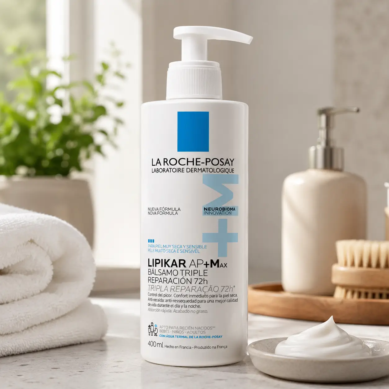 Melhor hidratante corporal para o inverno La Roche-Posay Lipikar Baume AP+MAX em cenário de cuidados com a pele hidratada