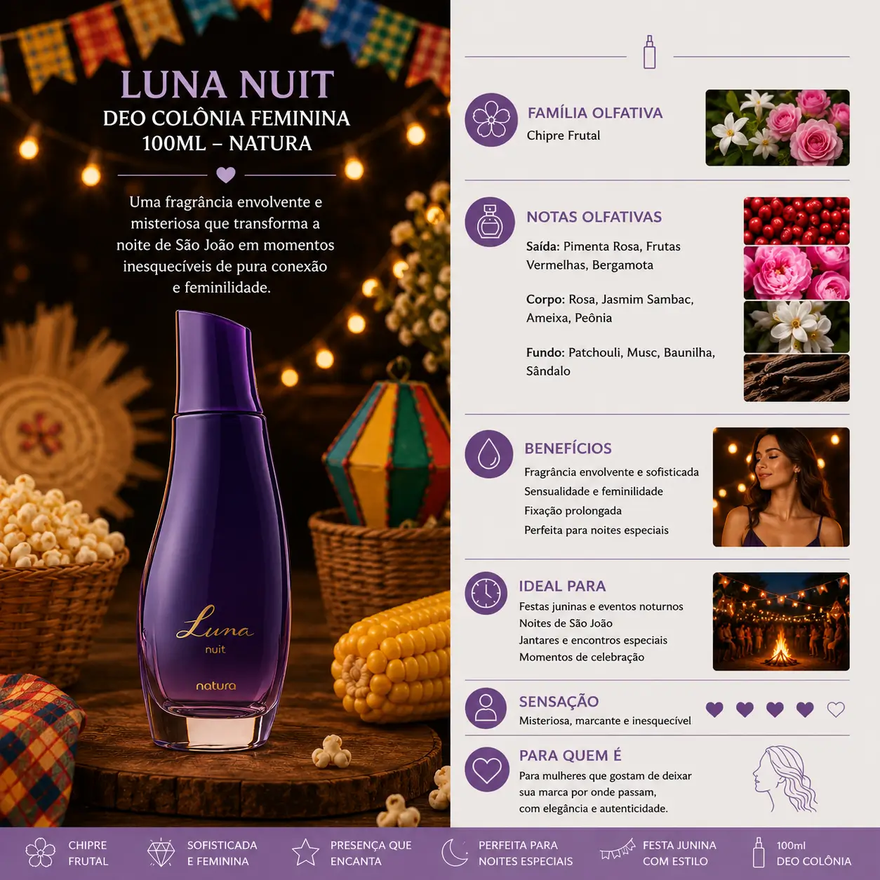 Perfume Luna Nuit Natura em cenário de festa junina com bandeirinhas e iluminação aconchegante