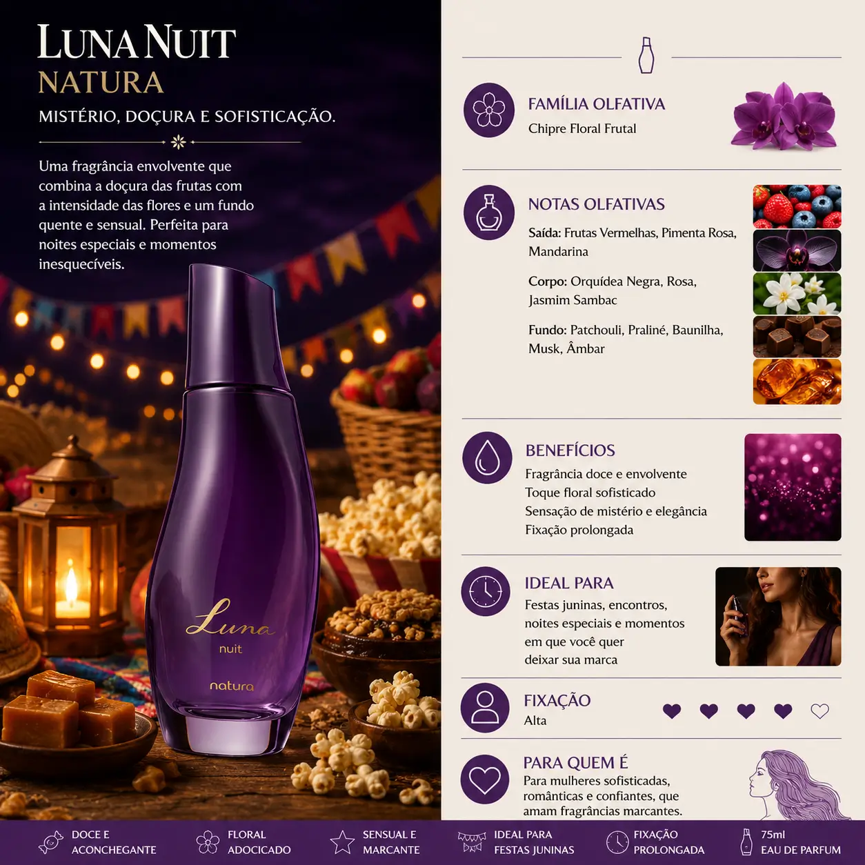 Perfume Luna Nuit Natura em cenário com doces e iluminação quente, representando perfumes que lembram festa junina