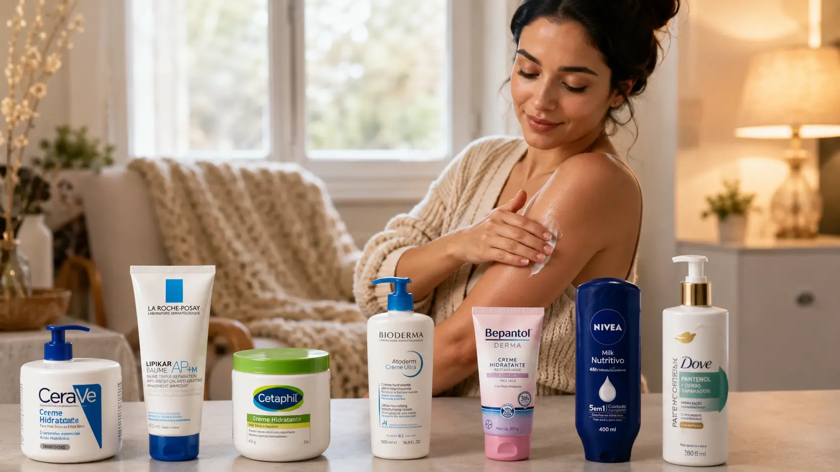 Melhor Hidratante Corporal para o Inverno: mulher aplicando creme nos braços em ambiente aconchegante com hidratantes como CeraVe, La Roche-Posay, Cetaphil, Bioderma, Bepantol, Nivea e Dove.