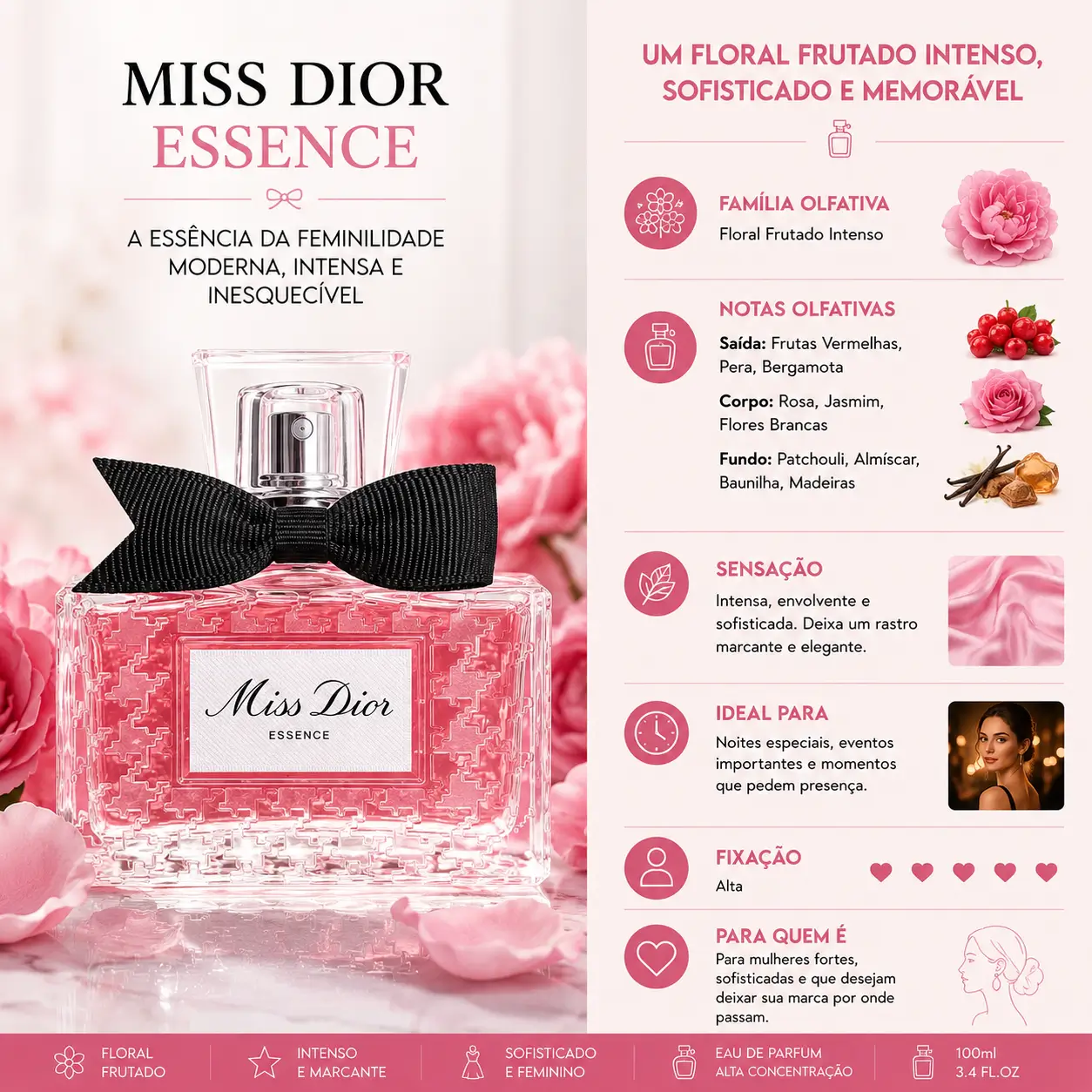 Perfume Miss Dior Essence da linha Miss Dior com frasco rosa sofisticado e laço preto elegante